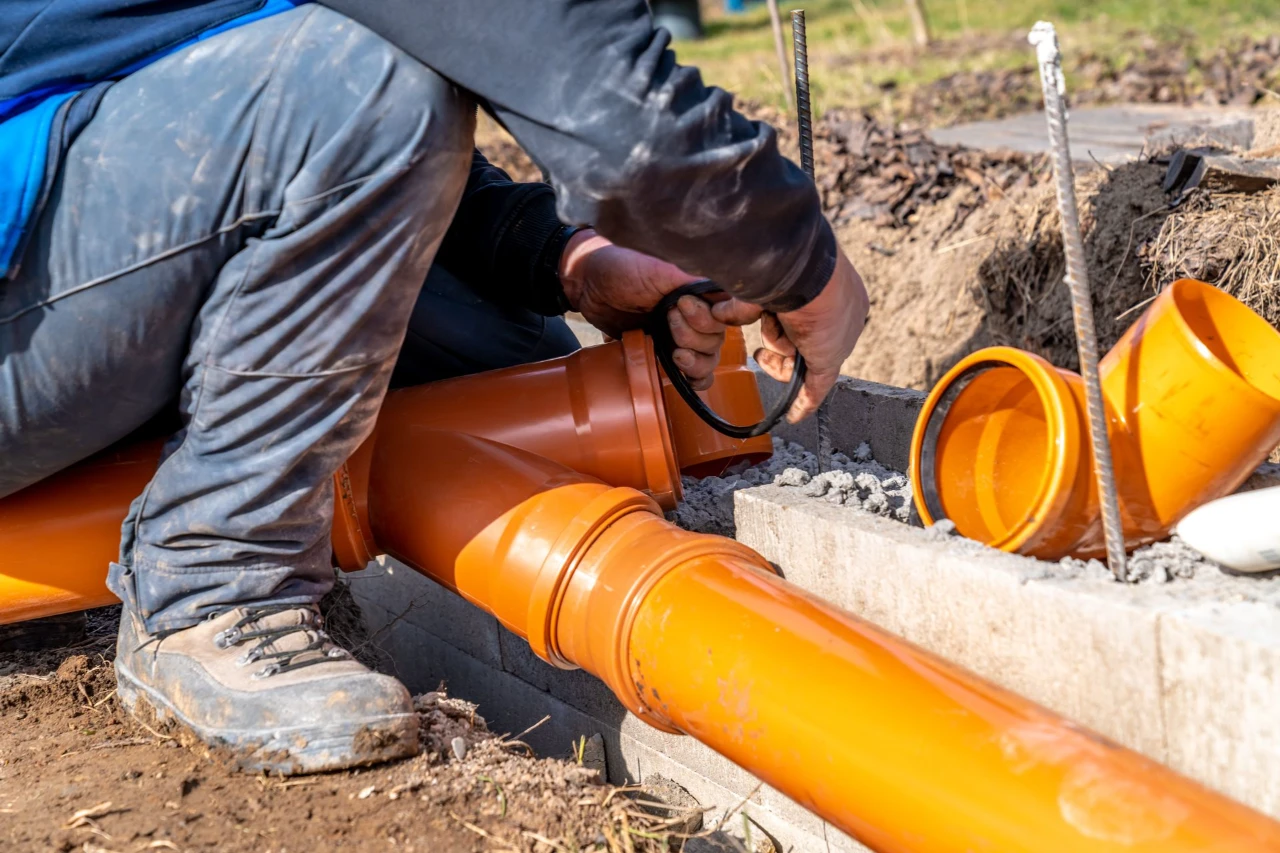 Professional plumber installing underground sewer and drainage pipes for residential and commercial properties