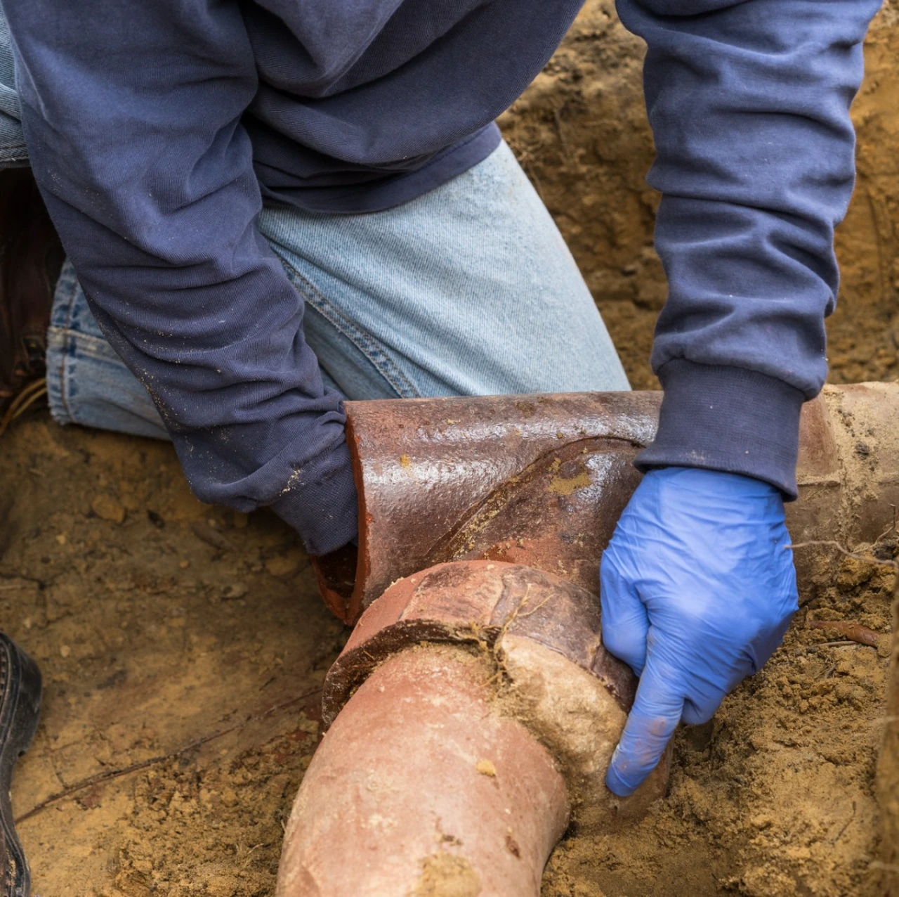 Professional plumber inspecting and repairing a damaged underground sewer pipe in New York
