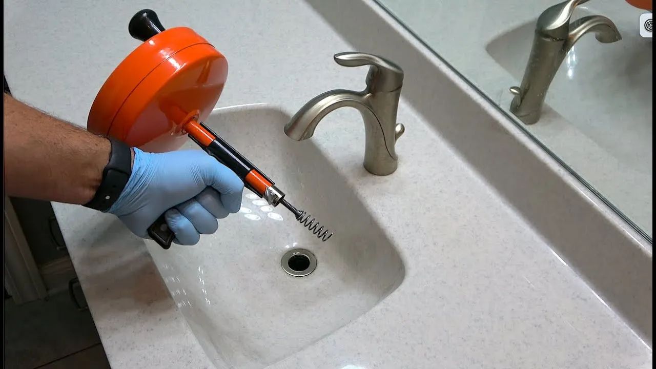 Professional plumber clearing a clogged bathroom sink drain with a drain snake in New York