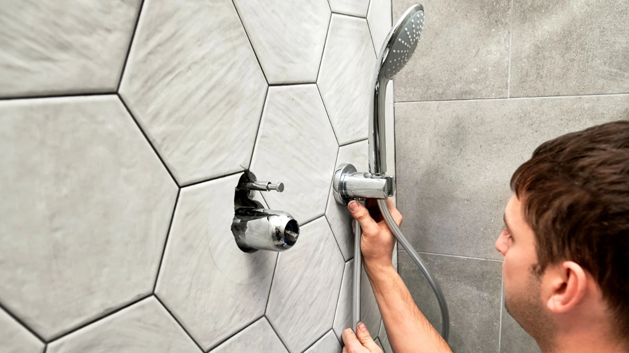 Professional plumber installing a shower body and handheld shower fixture in a tiled bathroom