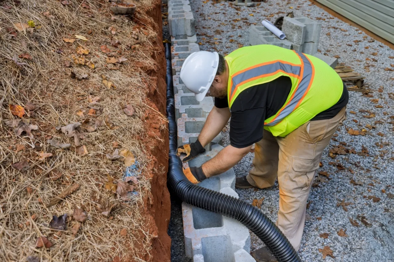 Professional drain and sewer technician installing underground drainage pipe for sewer services in New York